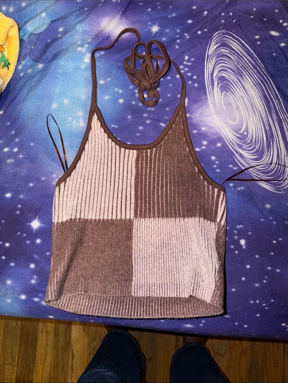 Women’s Colorblock Ribbed Halter Tank Top - Pink/Brown